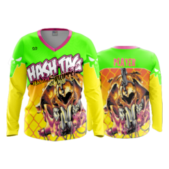 1034 WOMENS V NECK LONGSLEEVE BLIND-SQUIRRELS-2023-FLO INK + $5