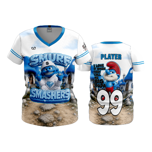 WOMENS V-NECK SMURF-SMASHERS-1