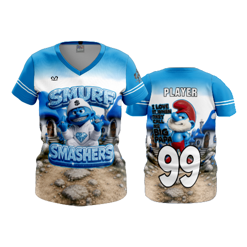 WOMENS V-NECK SMURF-SMASHERS-2